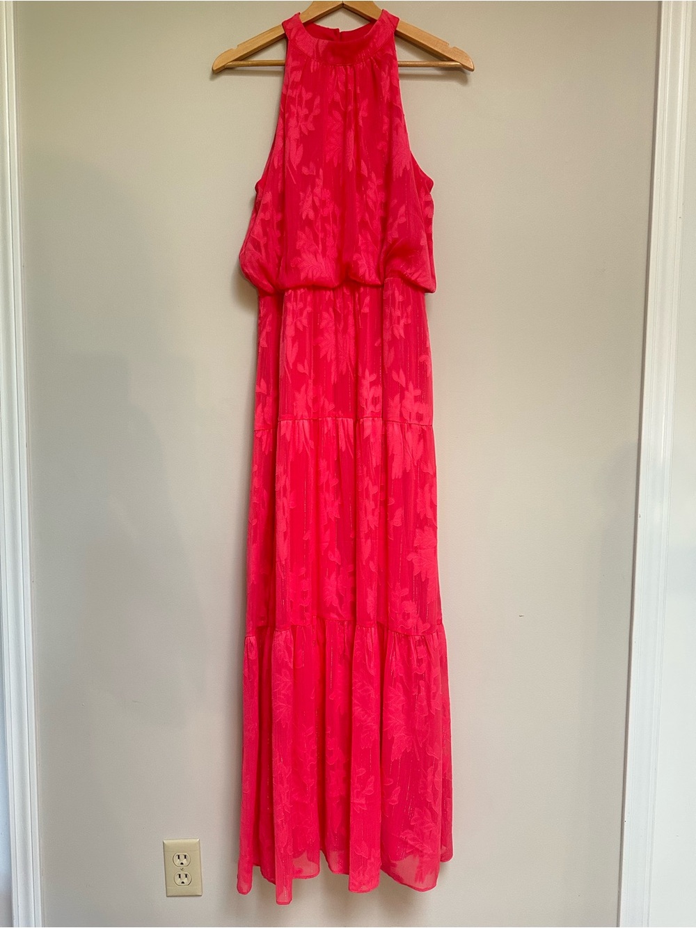 Julia Jordan Pink‎ Tiered Maxi Dress Women’s Small Halter Floral Metallic